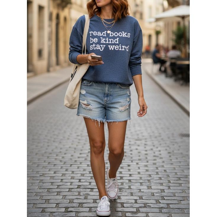 Elegant Style for Women“read Books Be Kind Stay weird”Patterned Print Round Neck Women's Long Sleeve for Spring, Summer, Autumn, and Winter T
