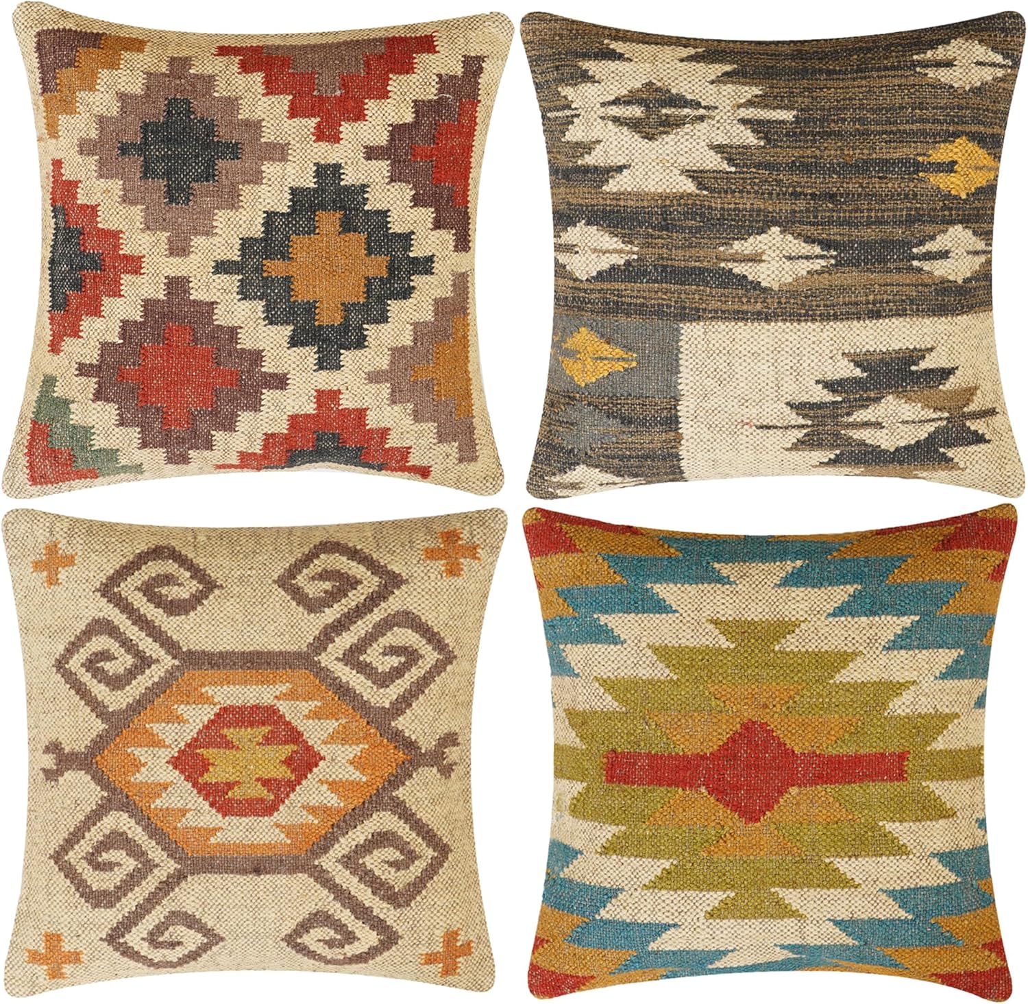 Boho Handgemaakte Kussensloop Jute Wol Kussen Vintage Indiase Tribale Sierkussen Voor Bank Bed Stoel Woonkamer Decoratie Set Van 4 Linen 18*18(CM)-4Pcs