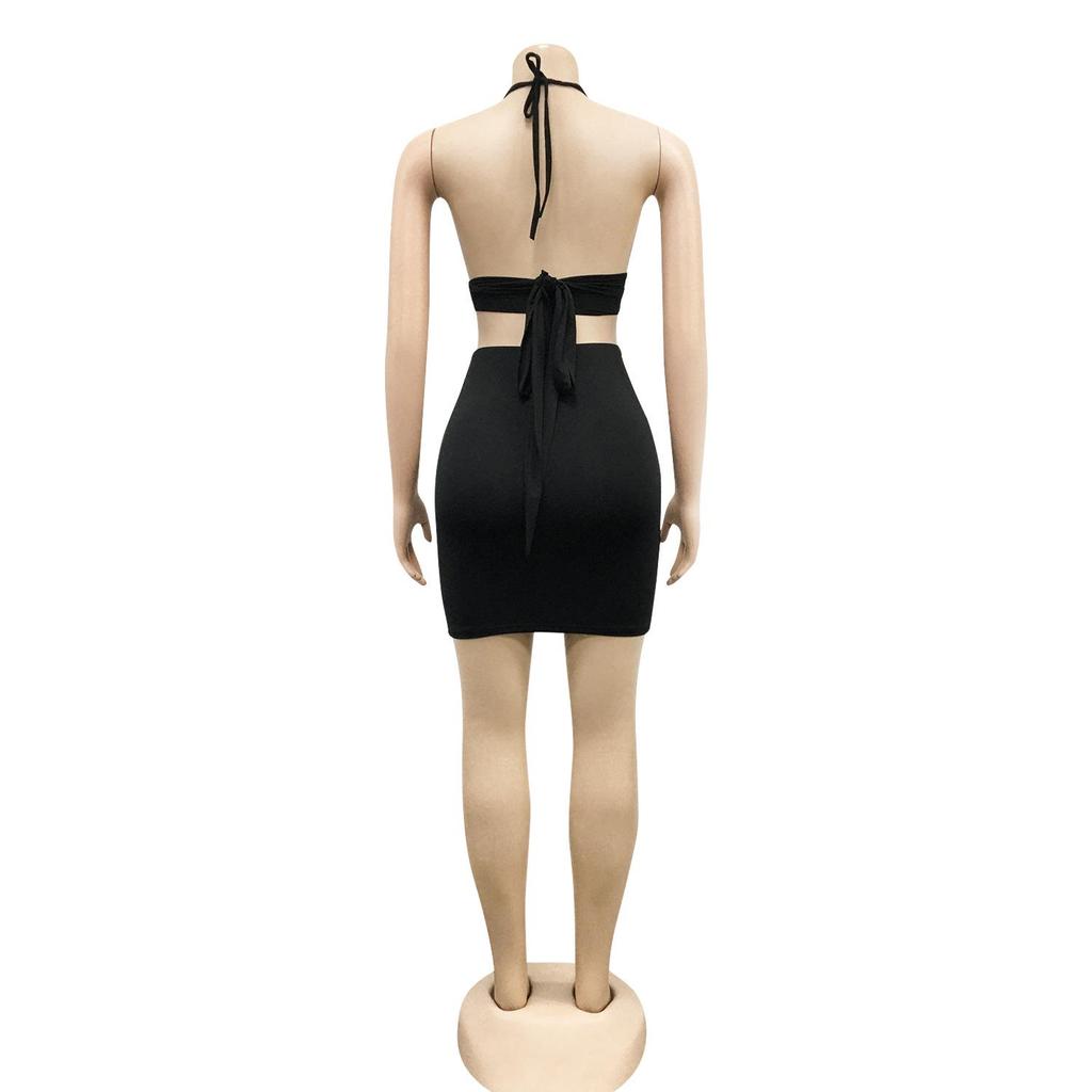 C3645 Fashion European & American Nightclub Skirt: Hot Drilling, Cross Straps, Backless Two-Piece Set