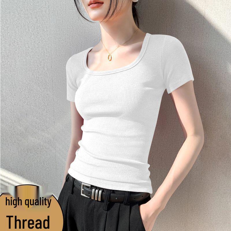 Damen Europäischer Trend Geripptes Quadratischer Ausschnitt Kurzarm T-Shirt - Atmungsaktiv, Anti-Pilling Mode