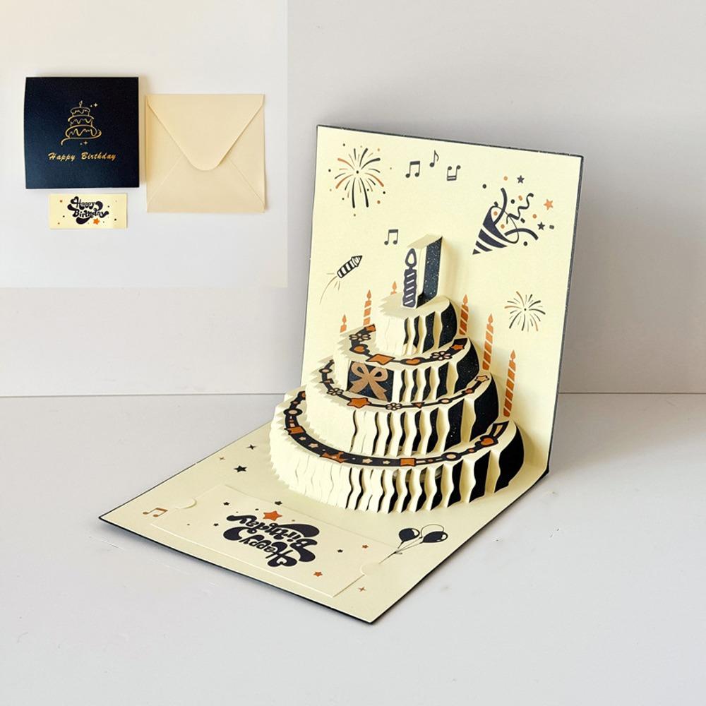 Surprise Gift 3D Happy Birthday Card Colorful Folding Birthday Cake Card  Elders Gift синий