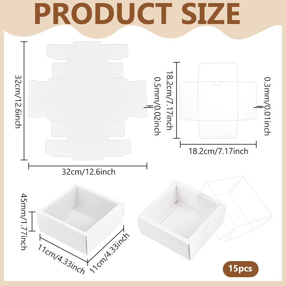 15sets Foldable Square Paper Storage Gift Boxes Paper Packaging Cases with PVC Visible Window White 11x11x4.5cm