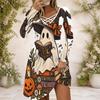 Women Criss Cross V Neck Long Sleeve Printed Dress Halloween Pumpkin Mushroom Fitted Curved Hem