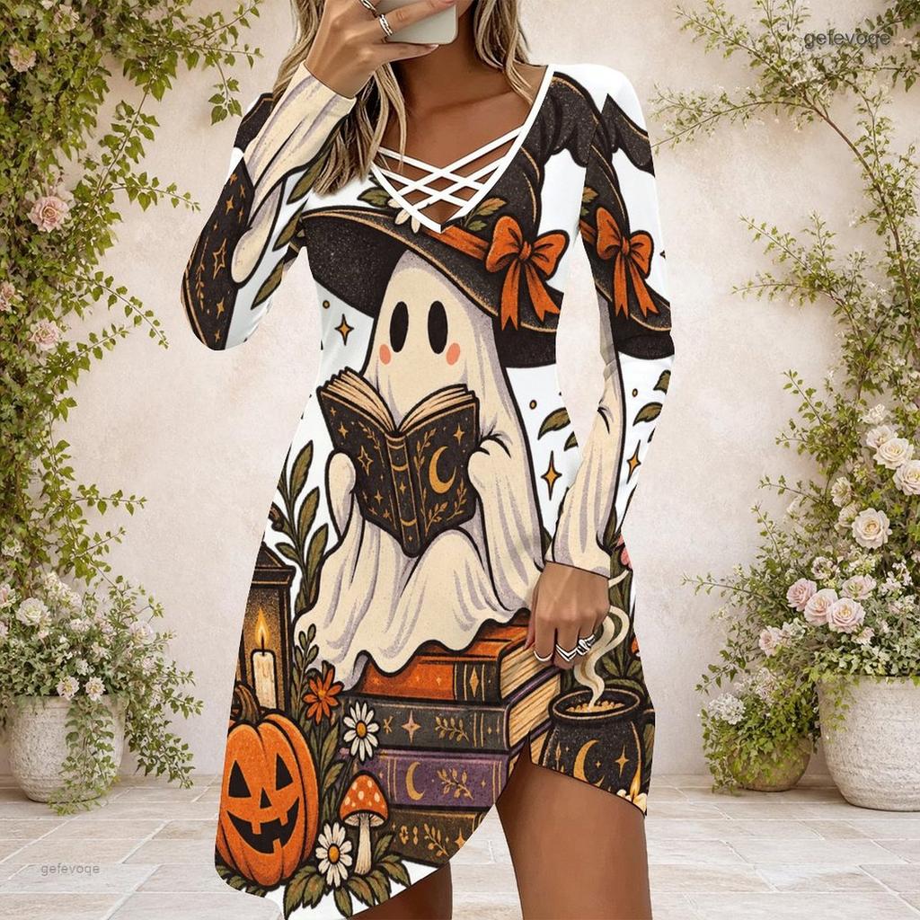 Women Criss Cross V Neck Long Sleeve Printed Dress Halloween Pumpkin Mushroom Fitted Curved Hem