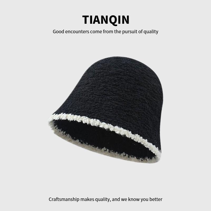 Hat Black Knitted Plush Bucket Hat Women's Autumn and Winter Big Head Circumference Bucket Hat Versatile and Small Face