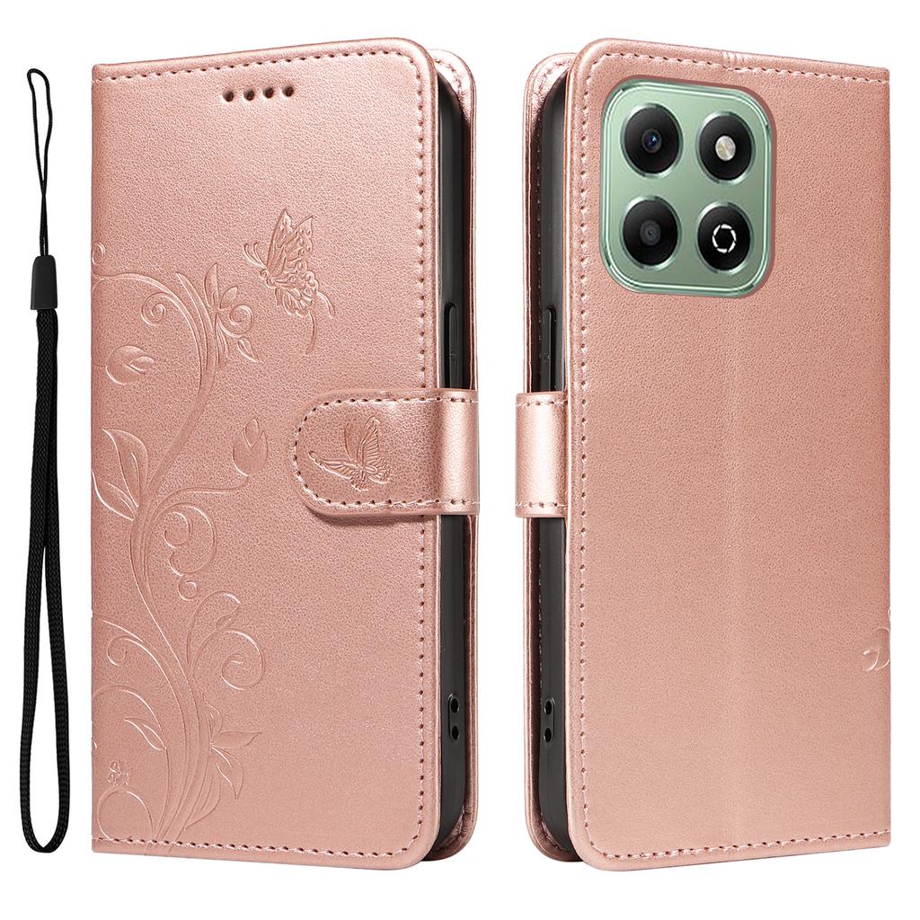 For Honor X6b 4G PU Leather Cases Flower Pattern Wallet Stand Phone Cover with Strap