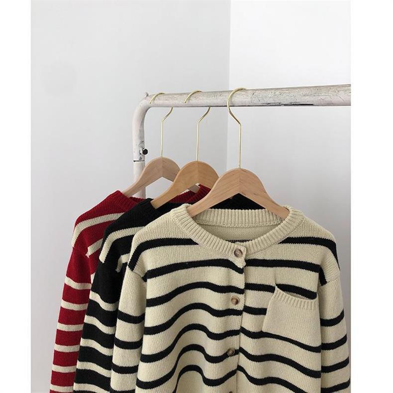 Damen locker gestreifter Strickcardigan - Koreanischer Stil, Neu für 2024, Perfekt für Frühling & Herbst, Dick gestrickte Oberbekleidung
