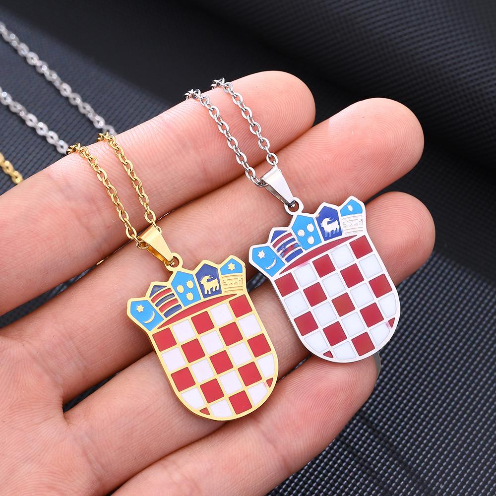 Stainless Steel Croatian Coat of Arms Pendant Necklace for Men & Women - Geometric Titanium Steel Design