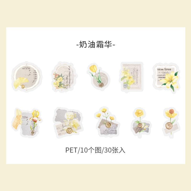 1pack/30pcs Vintage Light-Colored Floral Sticker Pack Soft Pastel Flower Patterns Self-Adhesive for Journal DIY Scrapbook Deco