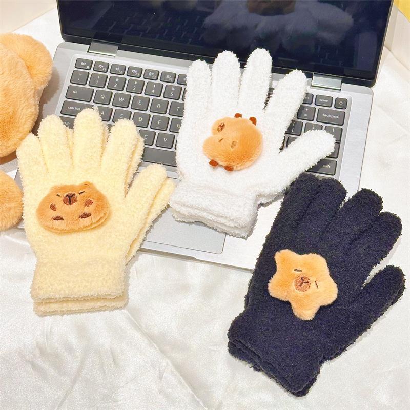 Cute Capybara Gloves Plush Coral Fleece Cold-Proof Gloves Five-Finger Gloves Student Winter Warmer Gloves Girly Christmas Gifts