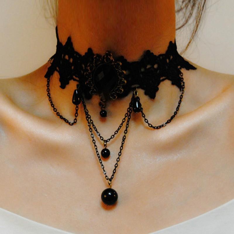Retro Hollow Black Lace Necklace Medieval Style Lace Accessories Round Bead Pendant Clavicle Chain