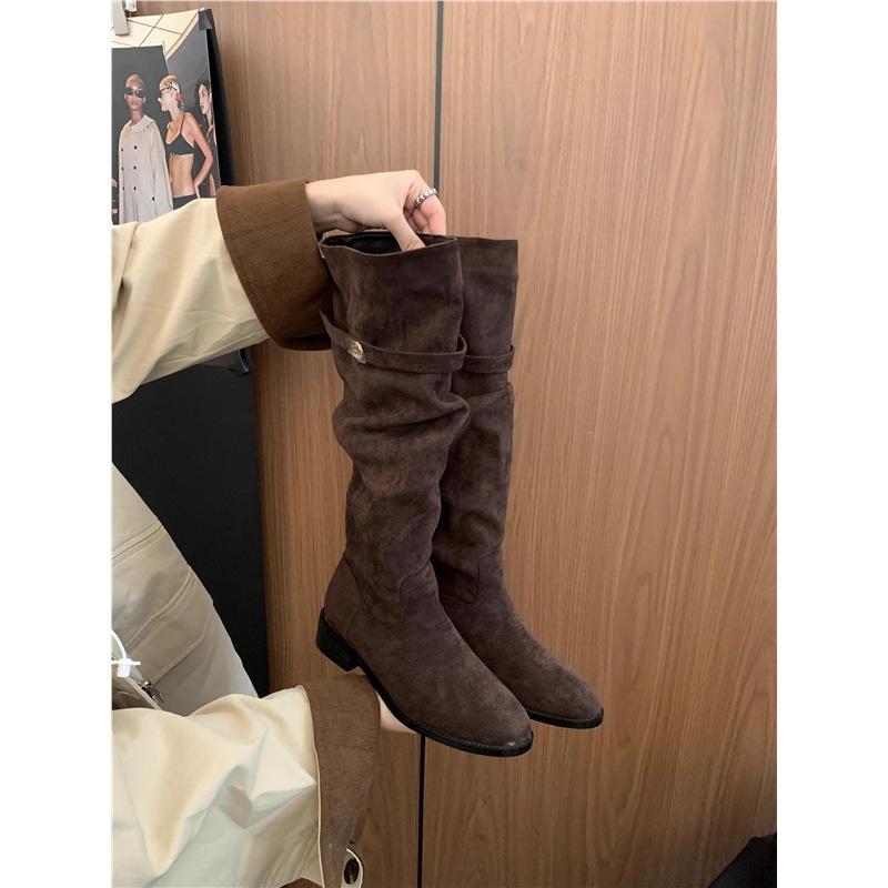 Coarse Heel Suede Khaki Pile Medium Tube Knight Boots Women's Shoes New Autumn and Winter Long Boots