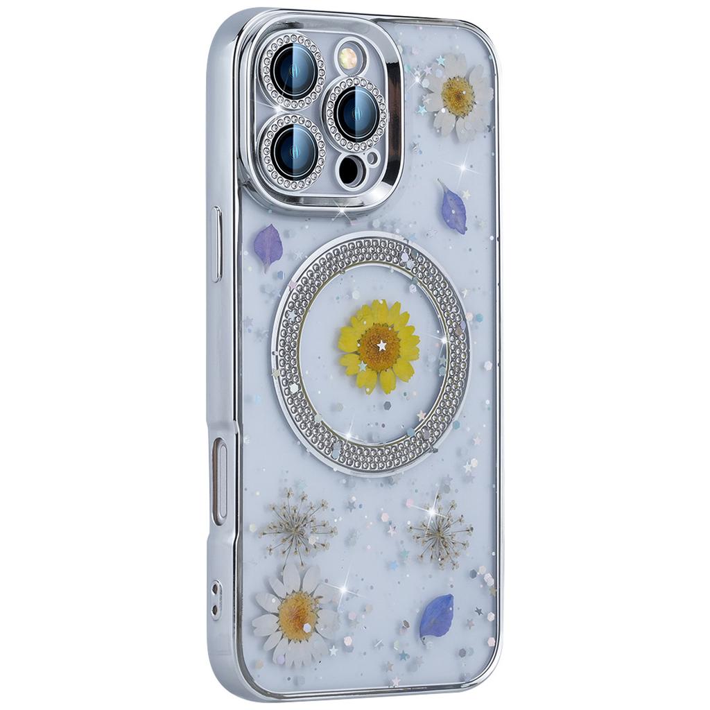 For iPhone 16 Pro Max Magnetic Case PC+TPU Epoxy Real Dried Flower Phone Cover