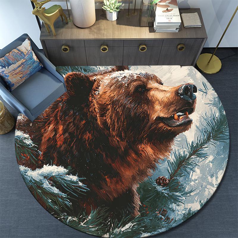 Grizzly Bear Round Area Rug,Carpet Rug for Living Room Bedroom Sofa Playroom Decor,Non-slip Floor Mat