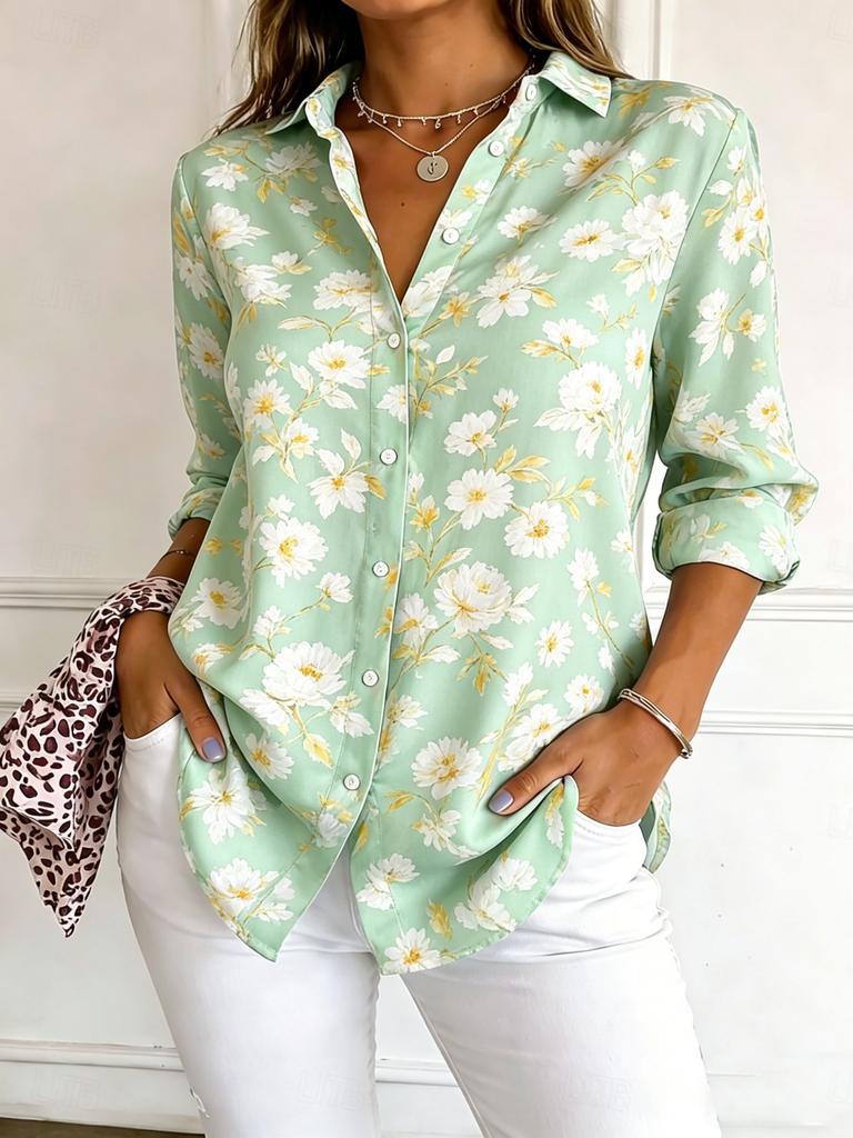 Women's Long Sleeve Floral Print Button Down Casual Shirt Elegant Daily Blouse Tops in Blue for Spring Summer