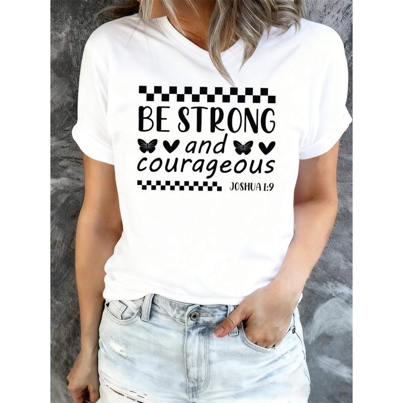 

Be Strong & Courageous Women s Graphic T-Shirt White, Short Sleeve, Crew Neck, Casual Style, Geometric Pattern, All-Season Wearability, S белый
