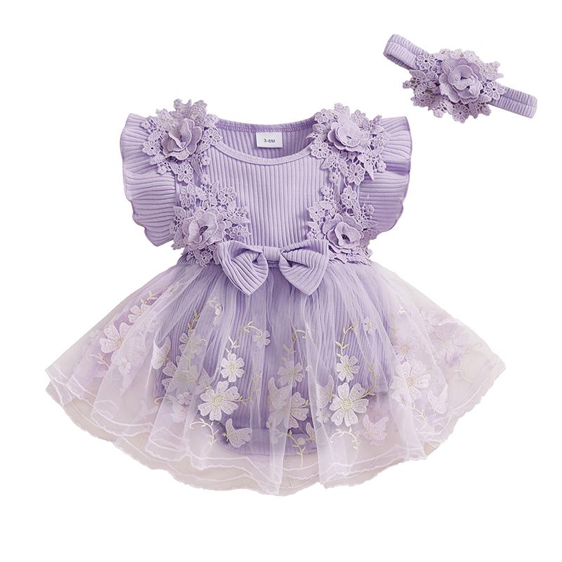 

Baby Girls Romper Plain Floral Lace Embroidery Skirt Layered Ruffle Sleeveless Snap Bottom Jumpsuit 1-3M фіолетовий