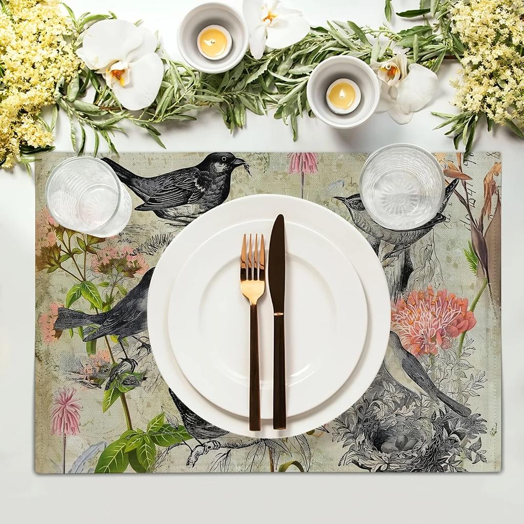 4PC Vintage Birds Table Mat Floral Botanical Placemats Kitchen Accessories for Dinner Party Enhancement