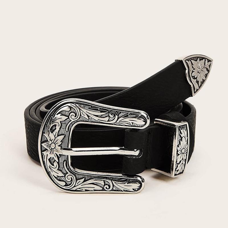 Button Double Women Faux Leather Belt With Floral Decor For Office Wears Casual