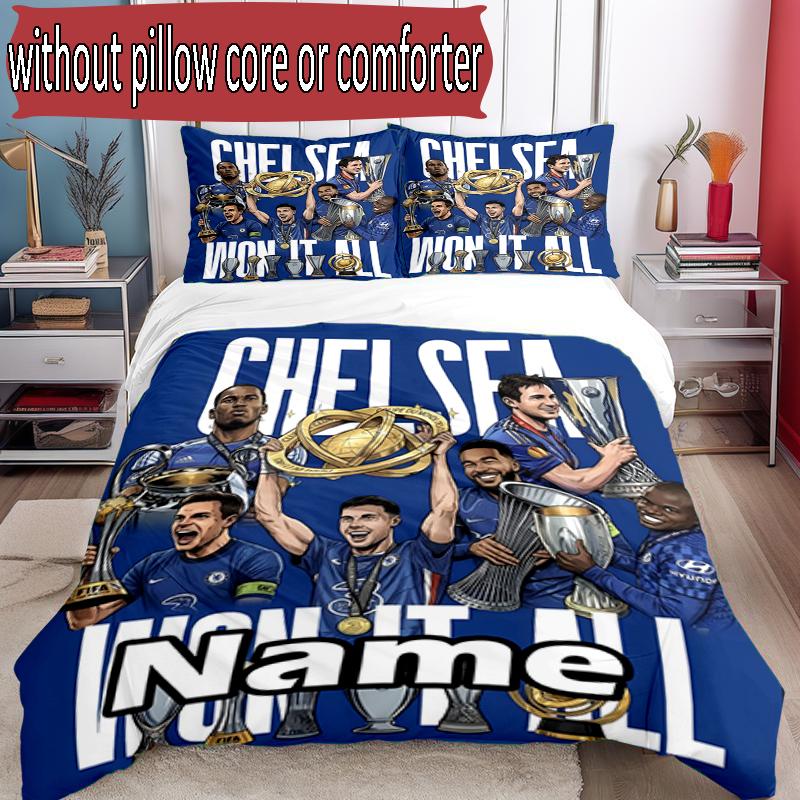 3pcs Duvet Cover Set (1*Duvet Cover + 2*Pillowcase, Without Core), Custom Name Chelsea F.C Pattern Bedding Set, Home Bedroom Decor Gift