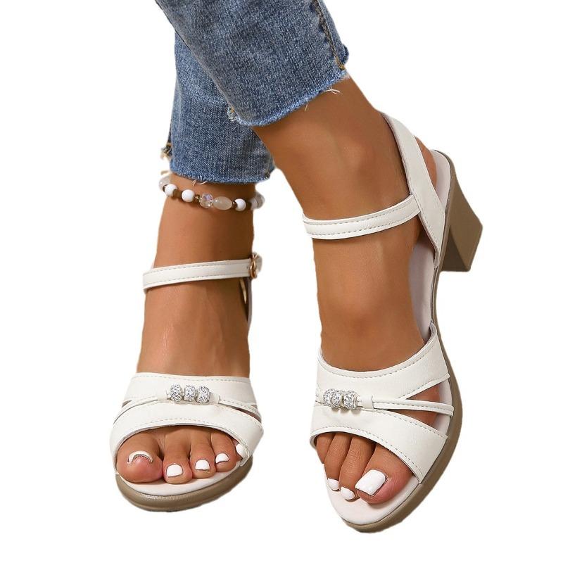 Women's Mid Heel Rhinestone Sandals, Chunky Heel Summer Shoes, Plus Size Comfortable Footwear