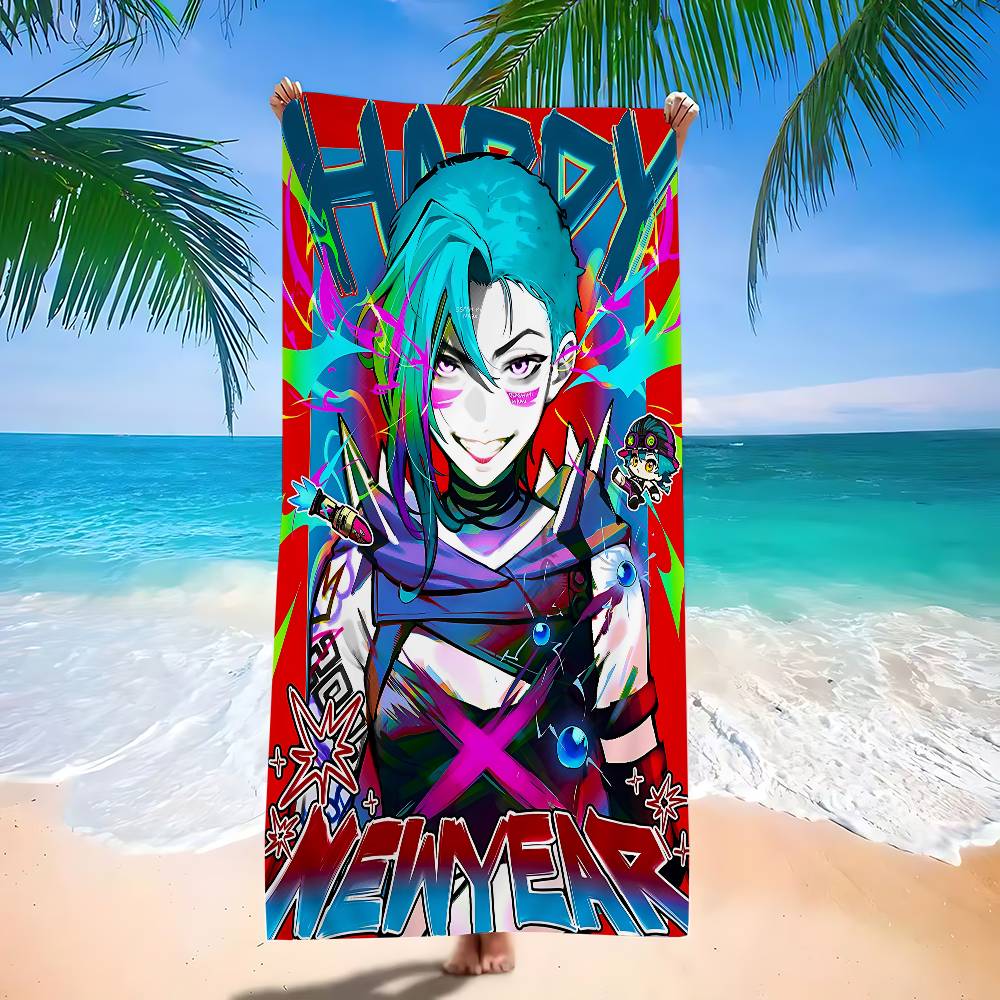 Cartoon Anime Game Arcane J-Jinx Main Art Bath Towel Microfiber Soft Water Absorbing Breathable For Kids Cartoon Beach Towel