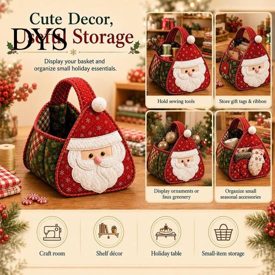 Holiday Decorative Tote DIY Quilted Christmas Basket Kit, Character Plaid Fabric Carry Tabletop Ornament Holder Craft Set, Storage Sewing Project,