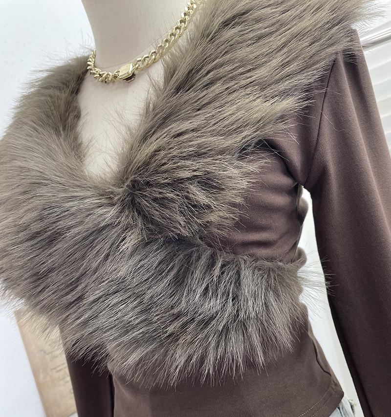 Millennial Hot Girl Fur Patchwork V-Neck Long Sleeve Slimming Top 23326