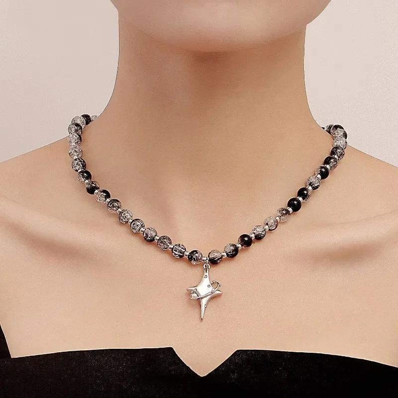 Punk Vintage Cross Star Crystal Beaded Collar Pendant Necklace for Women Personality Baroque Pearl Chain Hip Hop Rock Jewelry