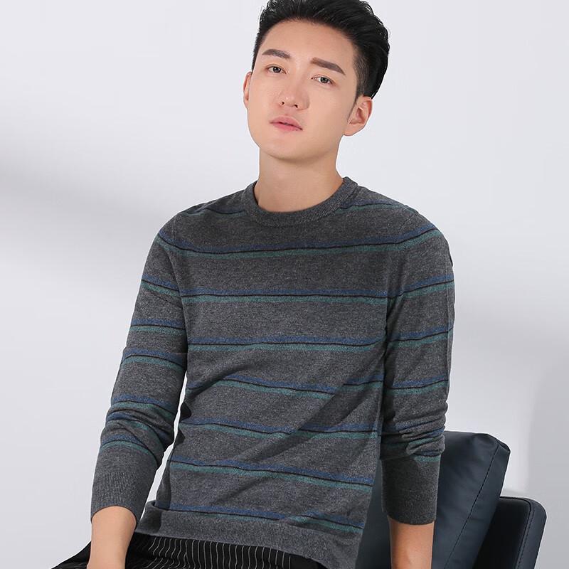 Yiliteng Men's Striped Pure Wool Round Neck Sweater