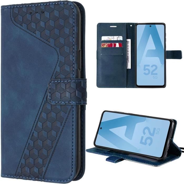 Coque pour Samsung Galaxy A52s 5G et A52 5G-4G, Protection Embossée Antichoc en Cuir PU Bleu Marine avec Porte-Cartes