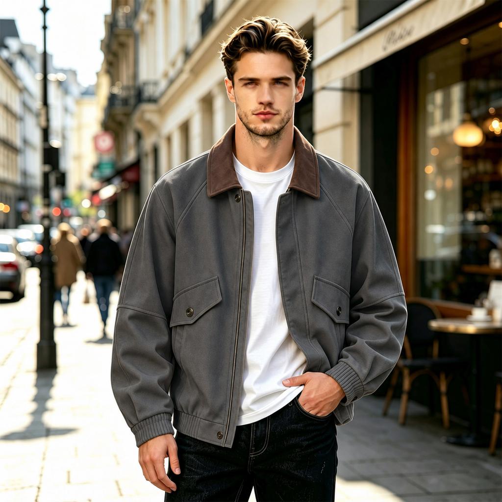 Men's Color Leather Jacket with Lapel Collar Retro Loose Fit Plus Size Outerwear for Spring Fall