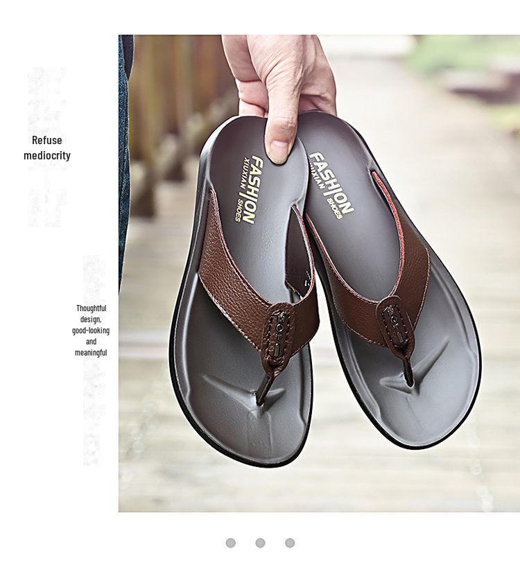 Men's Genuine Leather Summer Flip Flops - Breathable Non-Slip Beach & Casual Home Sandals