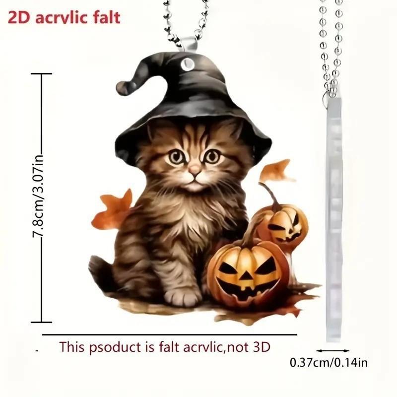 Surface Acrylic Flat Pendant With Cat Witch Hat And Pumpkin Design For Halloween