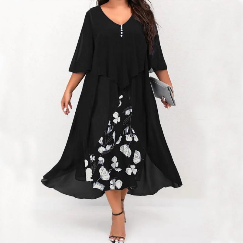 

Large Size Women s Chiffon Splicing Fake Two-piece Irregular Mid-sleeve Dress 5XL