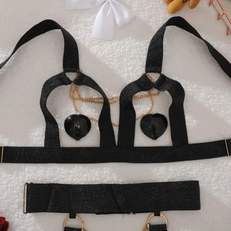 Women'S Sexy Lingerie Sets Cut Out Bandage Metal Chain Bra Brief Heart Shiny Underwear  Sexy Erotic Costumes Four Piece Sets