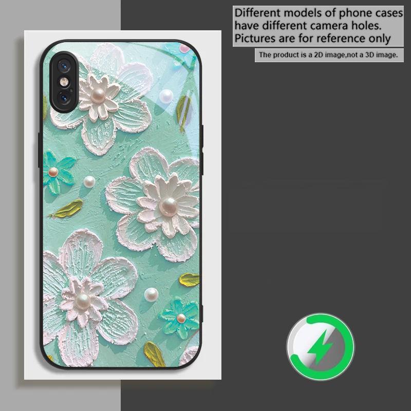 Cream Rice White Petals Suitable for iPhone 17 Pro Max 16E 15 Pro 14 13 Plus 12 Mini 11 XR Xs 7 8 16 Air Black Glass Phone Case