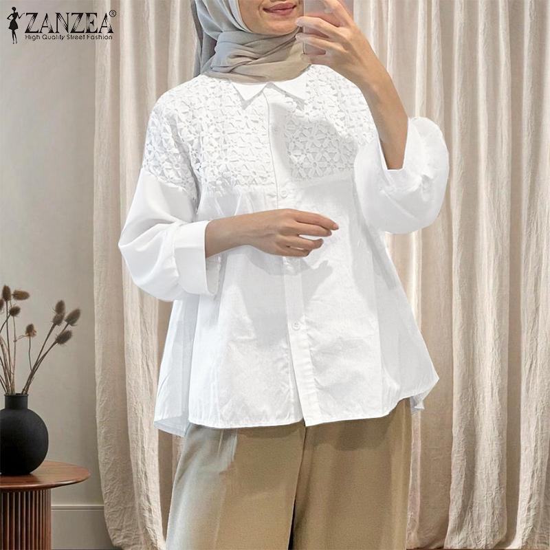 

ZANZEA Women Casual Turn Down Collar Long Sleeve Patchwork Crochet Blouse 4XL