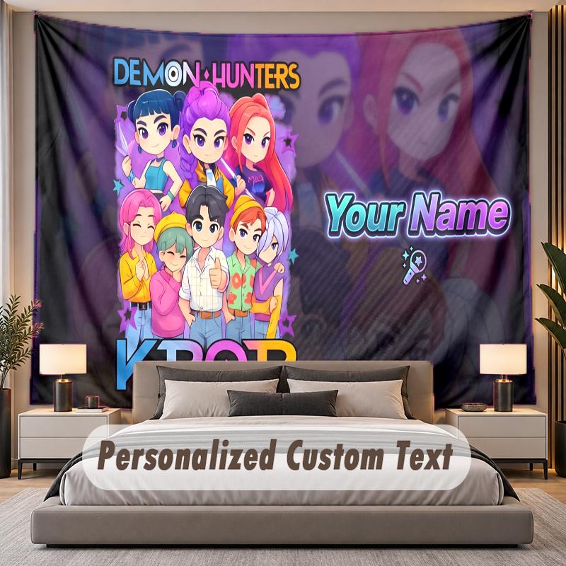 Custom Name Text Tapestry Kpop Demon Hunters Personalized Polyester Wall Tapestry For Bedroom And Room