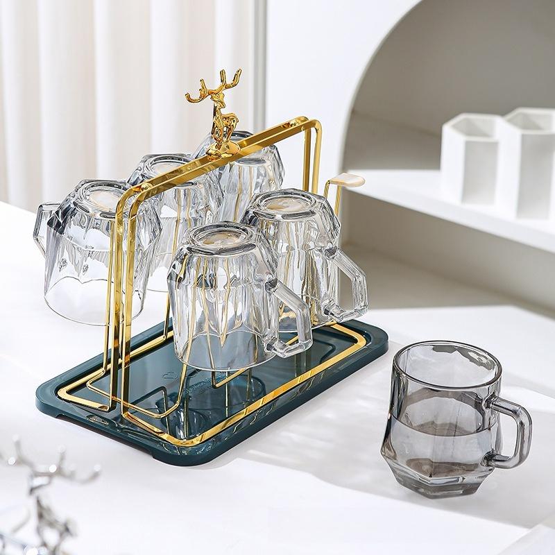 Nordic Deer Themed Cup Rack, Iron Metal Wall Mount Holder with Drain Tray, Decorative Kitchen Bathroom Organizer, Drying Stand