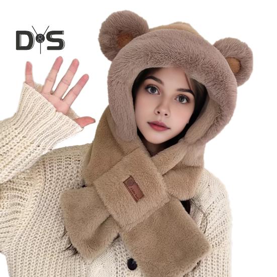 Women Winter Integrated Hat And Scarf Thick Fleece Warm Cartoon Fox Ear Decor Windproof Full Protection Outdoor Travel Cold Weather Snowboarding
