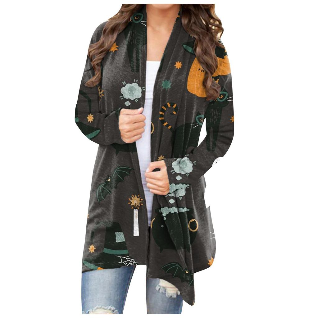 Women's Casual Fashion Halloween Printed Long Sleeve Buttonless Cardigan Jacket