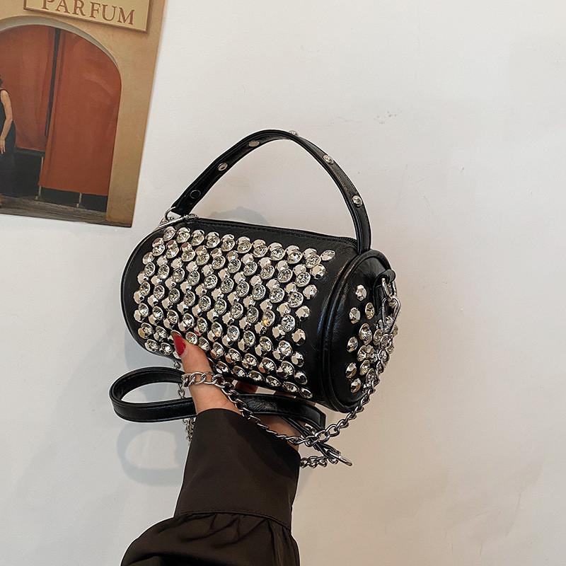 IELGY Cylindrical Female Bag with Diamond Crossbody Chain Pillow Bag