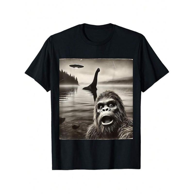 Big-Foot Selfie with Loch Ness Monste And UFO Aliens Graphic T-Shirt, Unisex Graphic T Shirts, Cotton, Streetwear Fashion, Everyday Outfit, Unique