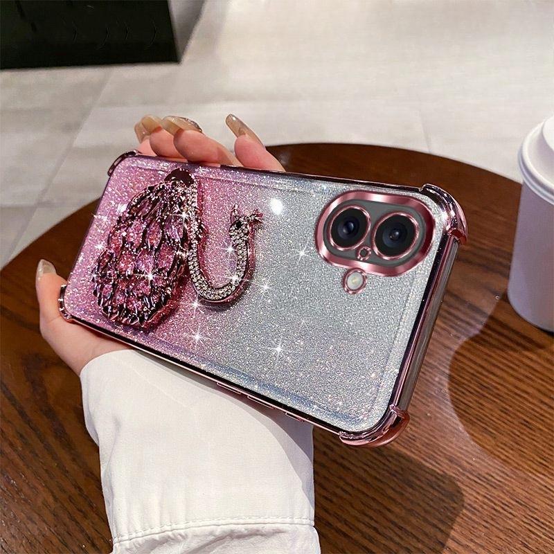 Suitable for Rhinestone Swan Bracket Apple 16Pro Mobile Phone Case 14 Electroplated IPhone 15 Four Corner Anti-fall Cover 3