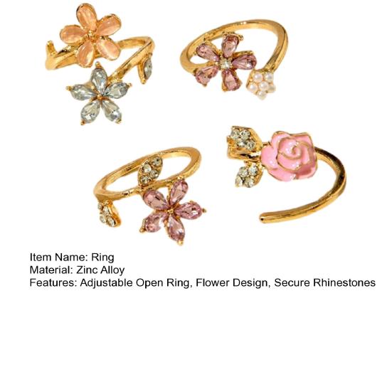 4Pcs/Set Adjustable Ring Set, Pink Flower Multi-Petal Design Finger Ring, Stackable Multi-piece Ring Set for Jewelry Gift