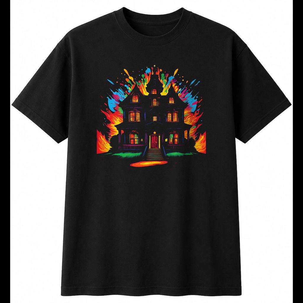 Psychedelic Haunted House Sunbeams Gothic Mens T-Shirt Black 100% Cotton Printed