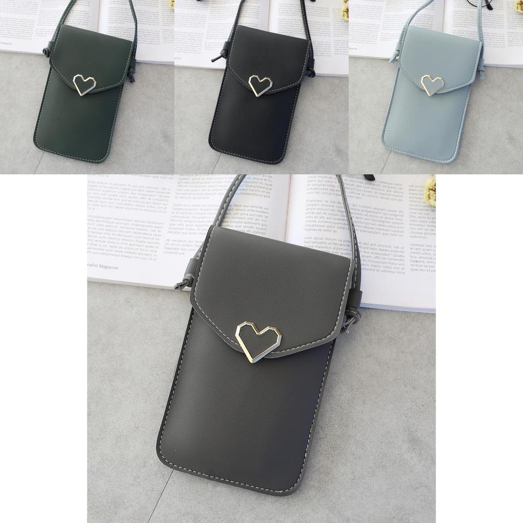 Trendy Women Simple Pu Leather Heart-shaped Decor Transparent Touch-screen Mobile Phone Bag