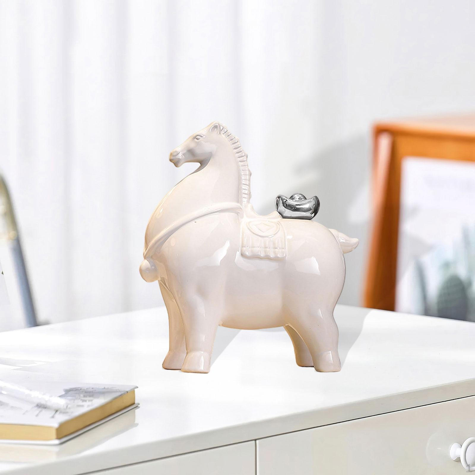 

Ceramic Horse Figurine, Creative Feng Shui Decorative Statuette, Desk Ornament for Shelf, Living White w Silver Ingot