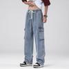 Men's Baggy Straight Cargo Jeans Elastic Waist Drawstring Casual Pants High Street Fashion Vintage Trousers Male Trendy Brand